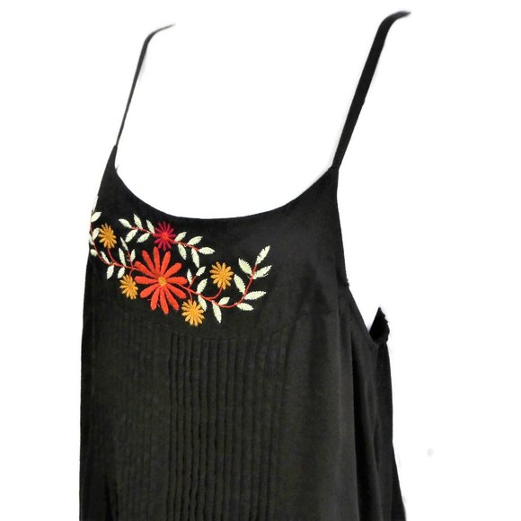 Roper Cami Dress Floral Embroidery Pintuck Front Sheath Black India M - Picture 6 of 9
